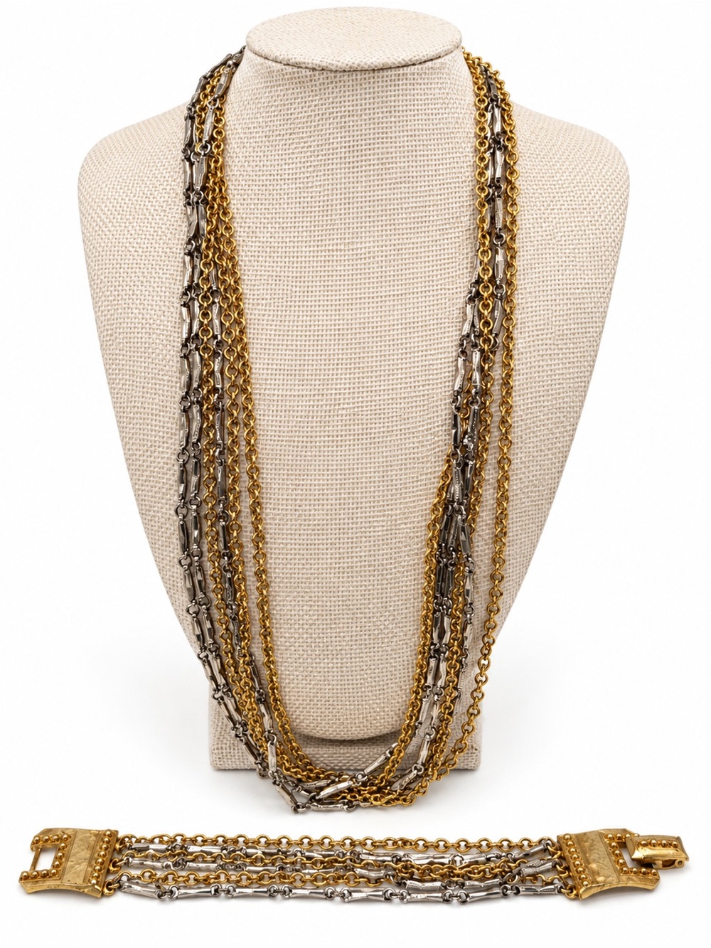 Vintage Celebrity Necklace Bracelet Set Two Tone Gold Silver Multi Strand Chain